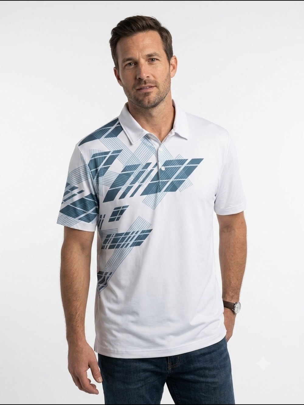 Matrix Driwear Men's White Polo Shirt Blue Graphic Print